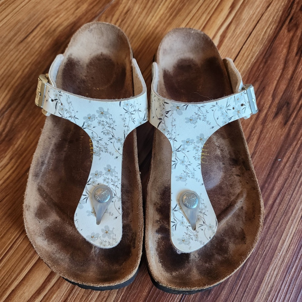 Birkenstock Papillio Gizeh EU 37 US 6 White Floral Leather Thong Sandals Beachy